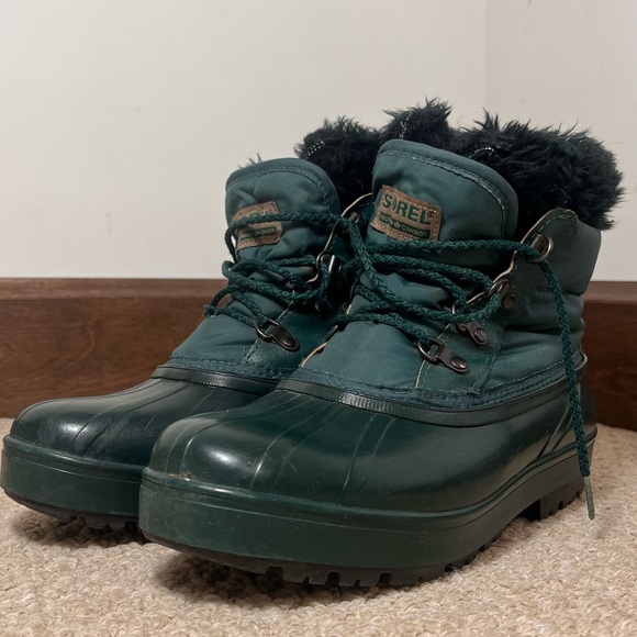 Sorel Canada Dark Green Lace-up Winter Duck Boots Faux Fur Women Size 8 - Picture 4 of 6